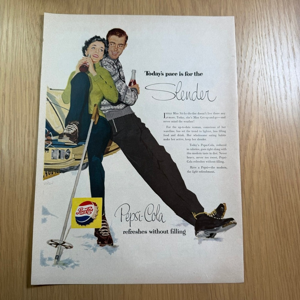 1956 Pepsi-Cola Ad Today's Pace Is For The Slender Vintage Ski Couple Print